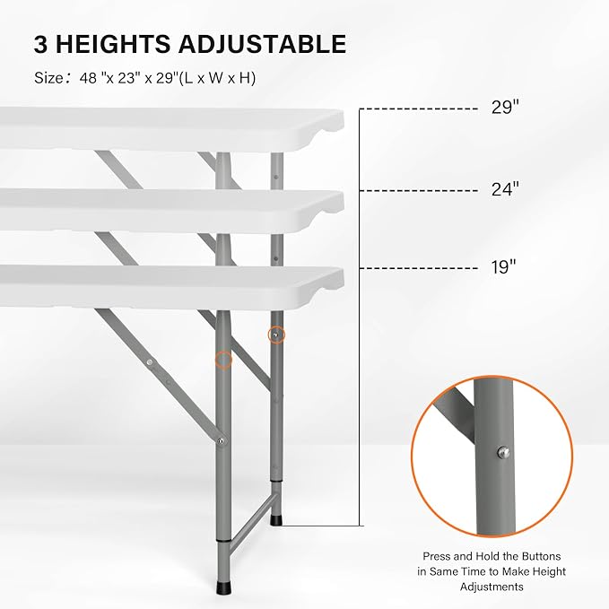 VINGLI 4 FT Plastic Folding Camping Table, 3-Level Adjustable Height, Portable - Image 4