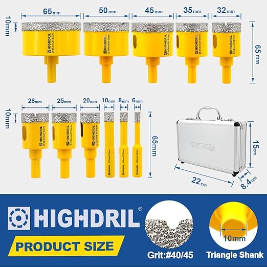 HIGHDRIL 11Pcs Diamond Hole Saw Kit - 1/4", 5/16", 3/8", 4/5", 1", 1-1/8", 1-1/4", 1-3/8", 1-3/4", 2", 2-1/2" Drill Bits for Tile Porcelain Ceramic Granite Marble