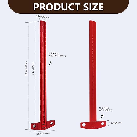 Vicrays T Square Woodworking Ruler - 24 Inch Precision Wood Working Tsquare Rule - Aluminum Alloy Carpenter Work Tool for Crafting, Marking, Layout, Scriber and Measuring