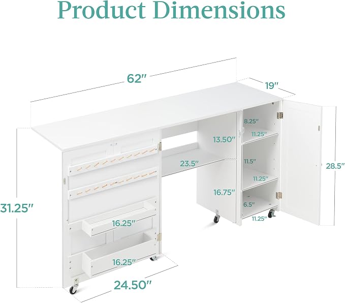 Best Choice Products Large Folding Sewing Table, Caster Wheels, Storage Shelves - Image 2