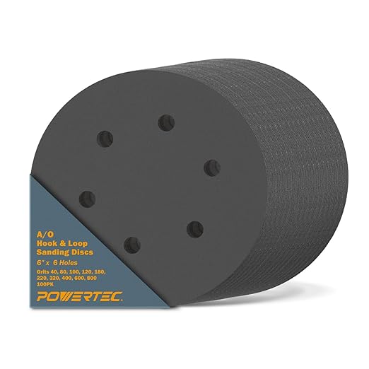 POWERTEC 4D14600 6" A/O Hook and Loop/Back Film 6 Hole Disc, Assortment Grits 40, 80, 100, 120, 180, 220, 320, 400, 600 and 800, Grey, 100-Pack