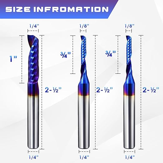 O-Flute Spiral Router Bit Set, 1/4 Inch Shank, Nano-Coated Solid Carbide CNC Router Bits for Aluminum, Plastic, Acrylic, Metal, Wood, MDF (2pcs 1/8"+1pcs 1/4")