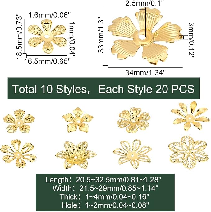 PandaHall 200pcs Flower Bead Cap, 10 Styles Bead End Caps Filigree Spacer Beads - Image 2