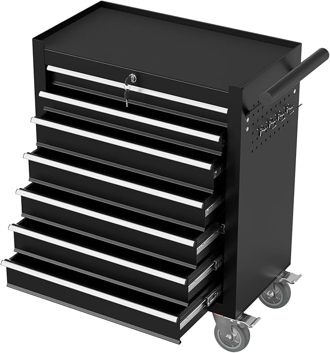 7-Drawer Rolling Tool Chest,Metal Rolling Tool Chest with Wheels and Locking Tool Box,Portable Metal Tool Box for Warehouse,Garage, Repair Shop, Workshop (Black, 7-Drawer)
