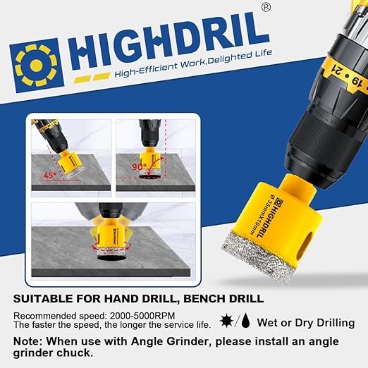 HIGHDRIL Multi Angle Measuring Ruler 5-Hole Drill Locator & Diamond Drill Bit Kit Triangle Shank for Porcelain Tile Ceramic Marble (6/8/10/20/25/28/35/45/50/65+35mm Hex Shank Chamfer Beveling Bit)