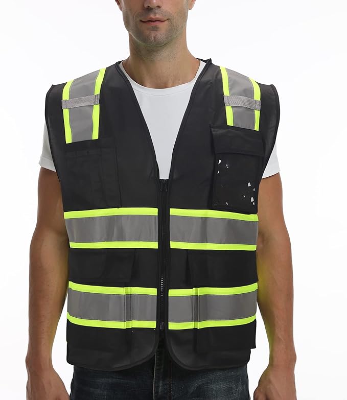 9 Pocket Hi Vis Safety Vest with Reflective Strips - Zipper Construction Work Vest for Men & Women - Black, 3XL