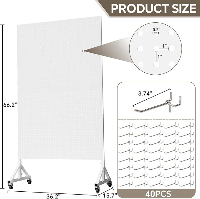 Metal Pegboard Display Stand 3.5 x 5.5 Feet, Adjustable Height with 40 Peg Board Hooks and Wheels, Pegboard Display Rack, Craft Display Rack, Retail Display Rack, Garage Peg Board, Pegboard