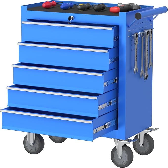 5 Drawers Rolling Tool Chest, Large Capacity Metal Tool Box with Wheels and Drawers, Tool Storage Cabinet with Keyed Locking, Tool Organizer Box for Garage, Workshop, Warehouse (Blue)