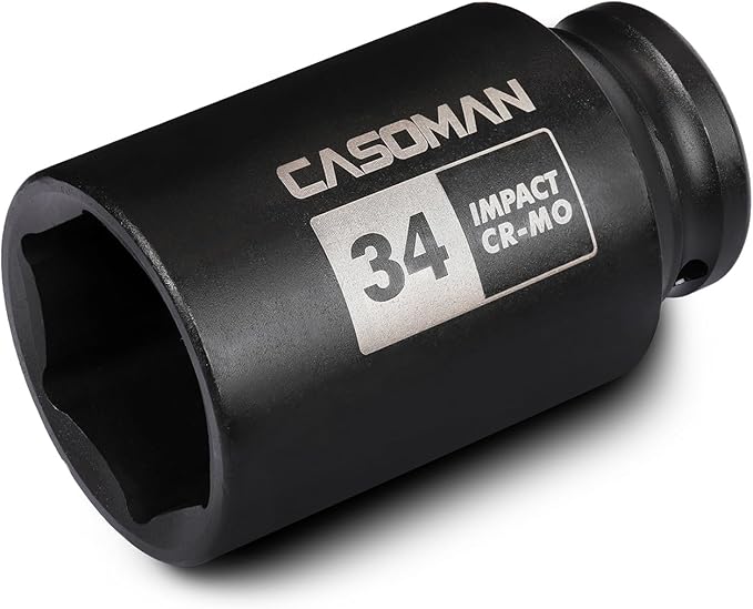 CASOMAN 1/2" Drive x 34 mm Deep 6 PT Impact Socket, CR-MO, 1/2-inch Drive 6 Point Axle Nut Socket for Easy Removal of Axle Shaft Nuts (34MM)