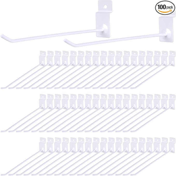 Moxweyeni 100 Pack Slatwall Hooks Slatwall Accessories Slat Wall Hanging Pegboard Hangers Slat Board Display Hooks for Retail Garage Organization Gridwall, White(7.8 Inch)