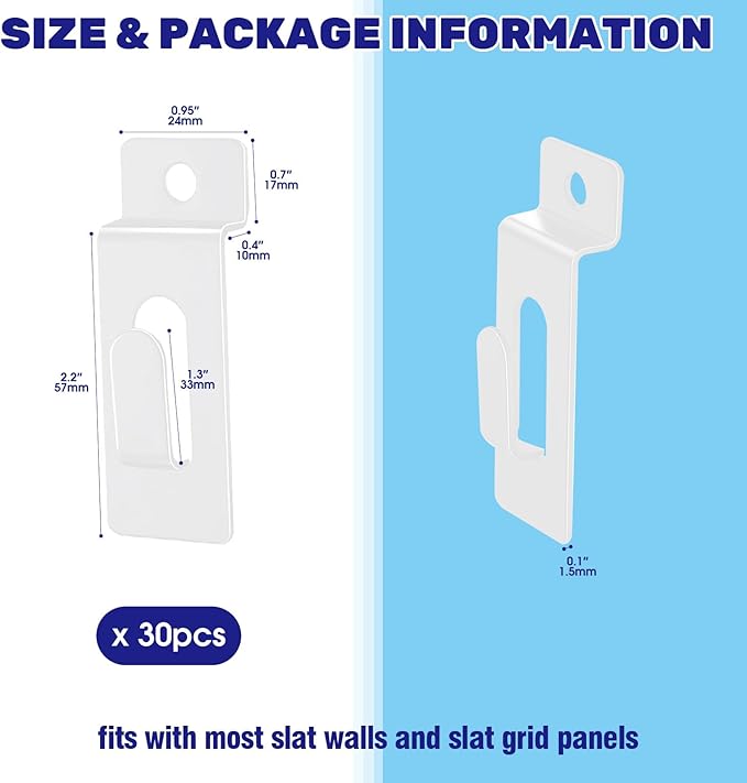 30Pcs Slatwall Utility Notch Hooks, Slat Wall Picture Display Hooks Hanger Panel Shelf Pegboard Slatwall Accessories for Photo Frame Painting Arts Hanging Home Office (White)