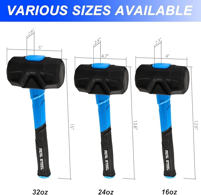 Real Steel Rubber Mallet Hammer 24OZ Black Rubber Hammer with Solid Head, Double-faced Mallets for Flooring, Woodworking, Camping, Automotive 0326