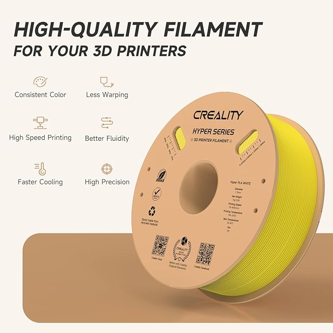 Official Creality Hyper PLA Filament 1.75mm, High Speed 30-600mm/s 3D Printer Filament PLA, Dimensional Accuracy +/-0.02mm, Fit Most FDM 3D Printers，1KG(2.2lbs) Spool Yellow