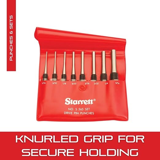 Starrett Drive Pin Punch Set with Knurled Grip and Protective Vinyl Case - 4" Length, 1/16", 3/32", 1/8", 5/32", 3/16", 7/32", 1/4", 5/16" Punch Diameter - Set of 8 - S565PC