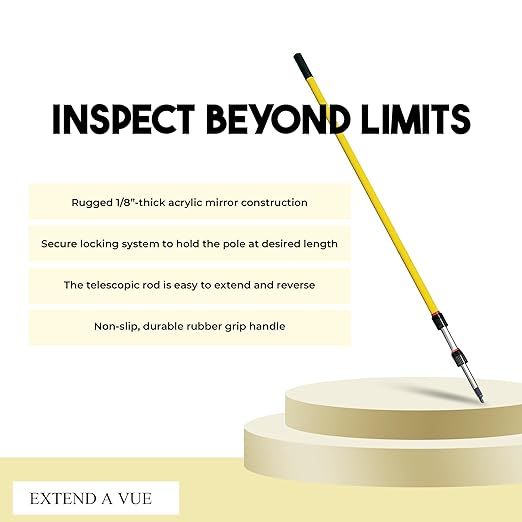 Inspection Mirror - Telescoping Heavy Duty, Lightweight & Durable, 4 ft - 12 ft Pole, 6 x 6 inch Acrylic Mirror