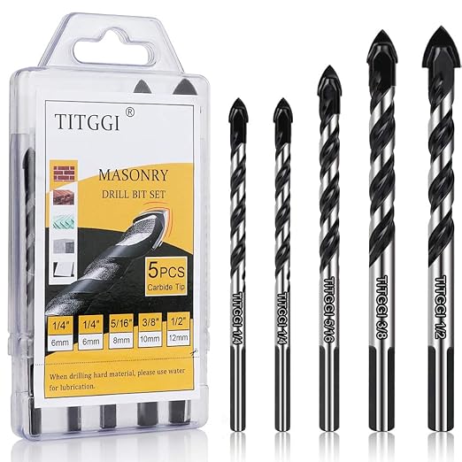 Concrete & Masonry Professional Drill Bit Set (5PCS) for Glass/Brick/Plastic/Cement/Wood/Tile/Etc, Industrial Strength Carbide Drill Bit Tip, 1/4"-1/2" by TITGGI