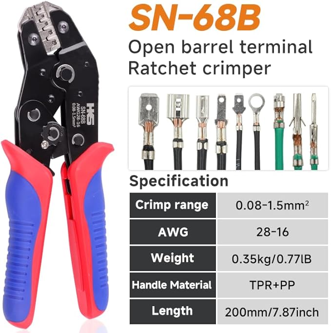 HKS SN-68B Open Barrel Crimping Tool, 28–16 AWG (0.08–1.5mm²) Ratcheting Wire Crimper for JST-SH/GH/ZH/PH/XH/SM, Dupont, Molex, TE, PCIE, SATA Terminals