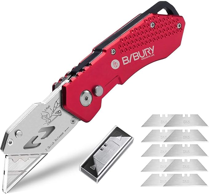 Utility Knife, BIBURY Upgraded Version Heavy Duty Box Cutter, Pocket Carpet knife with 10 Replaceable SK5 Stainless Steel Blades, Belt Clip, Easy Release Button, Quick Change and Safety Lock-Red