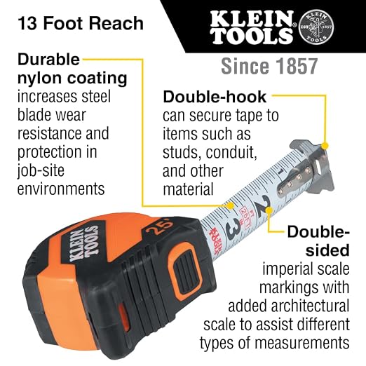 Klein Tools 9525 Tape Measure, 25-Foot Compact Double-Hook Imperial Measuring - Image 2