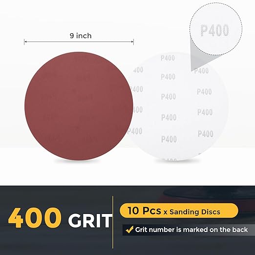 HARFINGTON 10 Pcs 9 Inch Sanding Disc 400 Grit Hook and Loop Sandpaper Random Orbital Sander Pads for Woodworking Automotive Metal Polishing