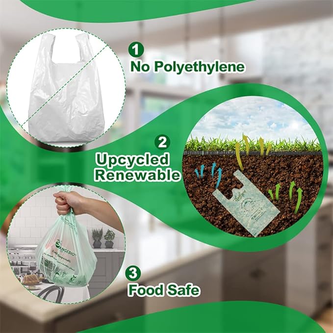 (Extra Large) OrangeBio Certified Home Compostable Shopping Bags, 500 Ct, 12" x 6" x 23", Hold 30 lbs, Thank You/Grocery/Take Out/T Shirt/To-Go Bags for Retail, Grocery Store