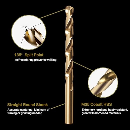 5/16" Cobalt Drill Bit Set (10Pcs), M35 HSS, 135 Degree Tip, Twist Jobber Length for Hardened Metal, Stainless Steel, Cast Iron, Wood, and Plastics, with Index Storage Case