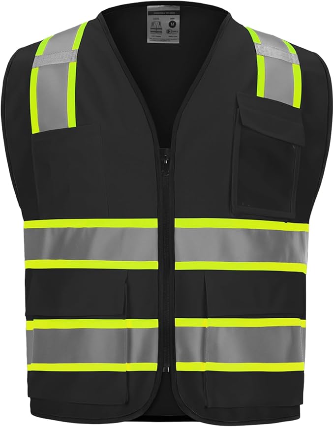9 Pocket Hi Vis Safety Vest with Reflective Strips, Zipper Construction Work Vest for Men & Women, Black, 5XL