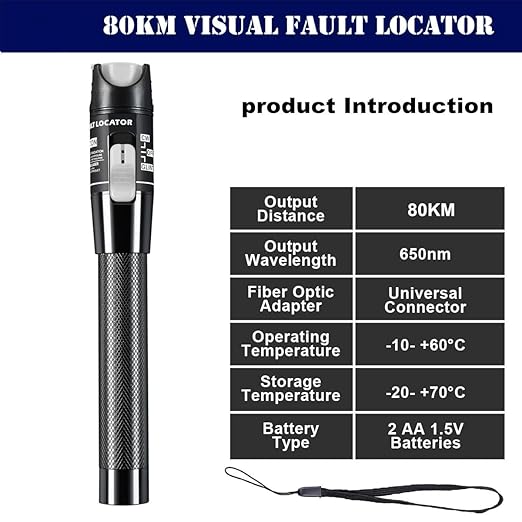 VFL Visual Fault Locator, 80KM Range Fiber Optic Cable Tester Meter with 2.5 mm Universal Connector FC Male to LC Female Adapter for CATV Telecommunications