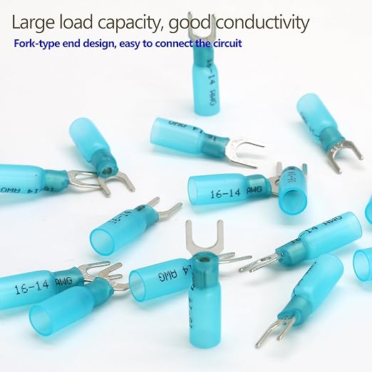 Hordion 100PCS 16-14 AWG Fork Connector, Blue Heat Shrink Fork Terminals Waterproof and Insulated Electrical Crimp Connectors for Boat Truck Stereo
