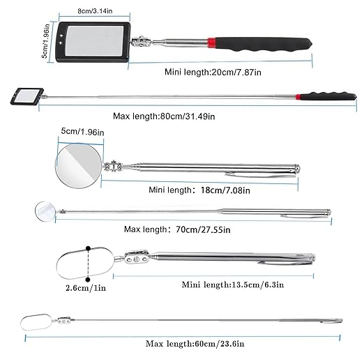 3PCS Telescopic Inspection Mirror,Stainless Steel LED Telescoping Inspection Mirror,Portable 360 Degree Rotating Mechanic Mirror with Long Handle Tool(Oval, Round,Square)