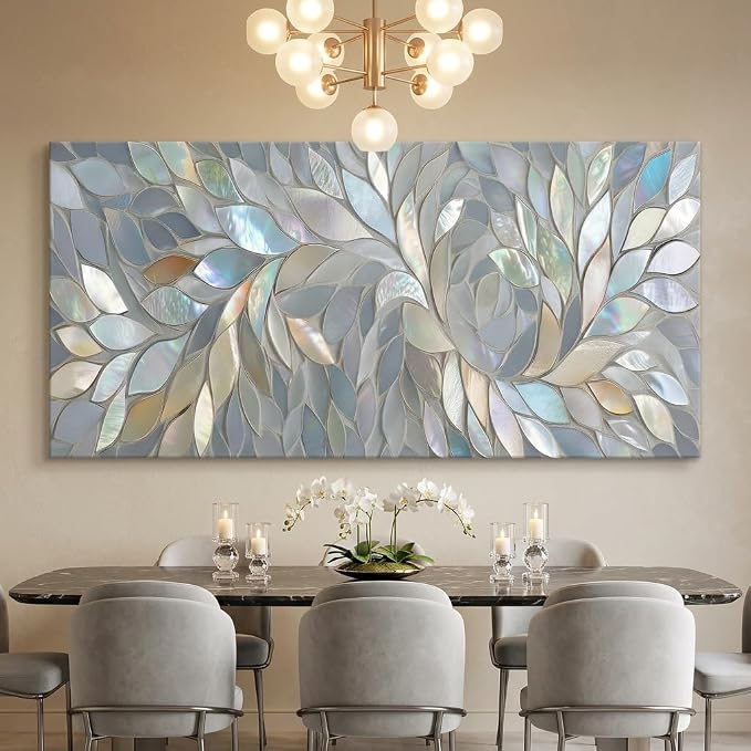ZESTRILIA Iridescent Mosaic Leaf Canvas Wall Art, Abstract Mother of Pearl Print - Image 2