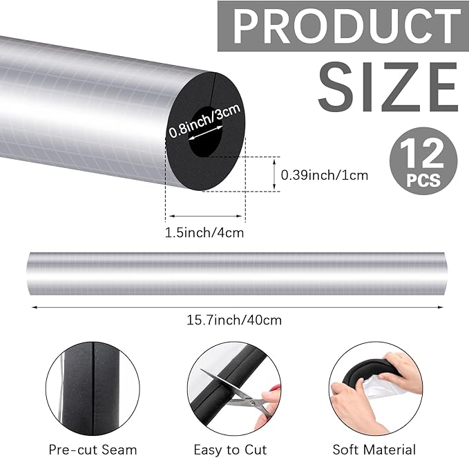 12Pcs Pipe Insulation Foam Tube Self Adhesive Insulation Foam Wrap Aluminum Foil Pipe Covers Protection Tubes for Winter Outside Spigot Water Heater Irrigation Pipes,1.3 Ft x 0.8 Inch