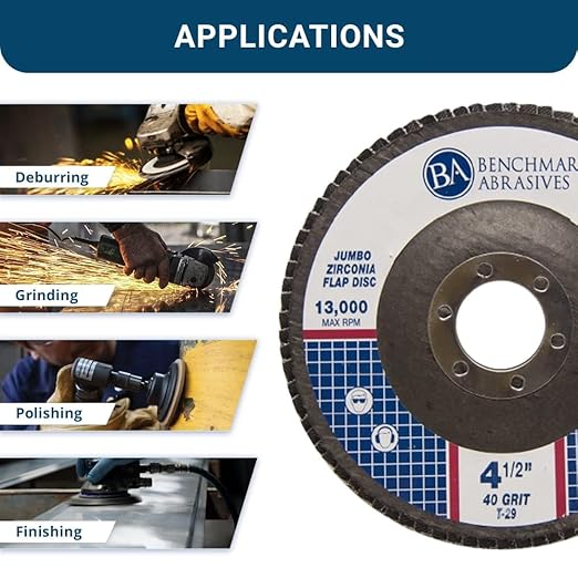 Benchmark Abrasives 4.5" x 7/8" Premium High Density Jumbo Zirconia Type 29 Flap Discs 4 1/2 for Angle Grinder, Sanding Discs, Finishing - Grinding Wheels 4 1/2 Inch (10 Pack) - 40 Grit