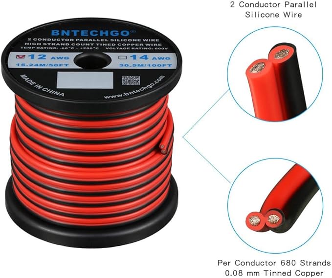 BNTECHGO 12 Gauge Flexible 2 Conductor Parallel Silicone Wire Spool Red Black High Resistant 200 deg C 600V for Single Color LED Strip Extension Cable Cord,Model,50ft Stranded Tinned Copper Wire