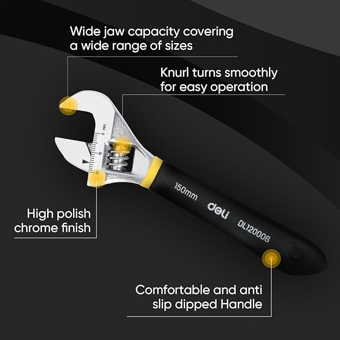 deli 6" Adjustable Wrench Heavy-Duty Chrome - Anti-Slip Grip, Smooth-Jaw, Cr-V Steel, Wide Opening for Plumbing & DIY