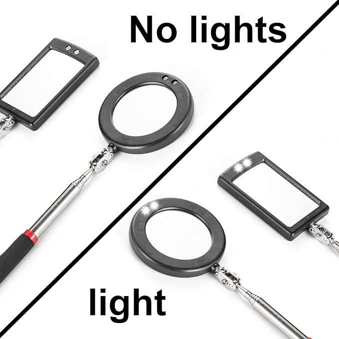 4PCS Telescoping Inspection Mirror LED Lighted Inspection Mirror for Mechanic Checking Vehicle, Car, Eyelashes, Mouth, Small Parts Observation (Extendable, Rectangle & Round)
