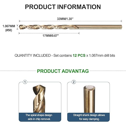 METALLIXITY Drill Bit (#58) 12Pcs, M2 High-Speed Steel Micro Number Bits Spiral Flute 135°Point Tip Gold Finish for Stainless Steel Iron Copper Aluminum Hard Metal