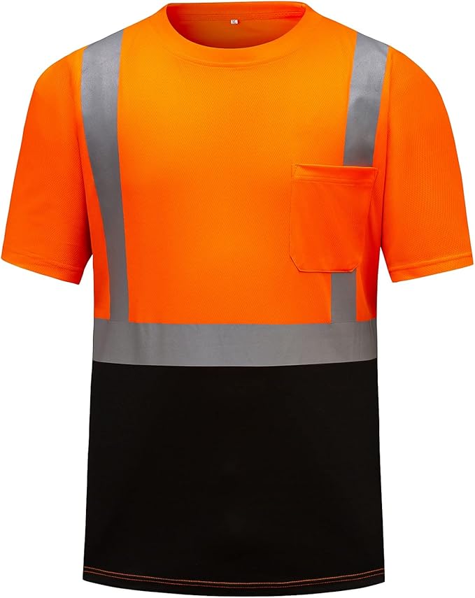 High Visibility Shirts Quick Dry Safety T Shirts with Reflective Strips and Pocket Short Sleeve Mesh Hi Vis Construction Work Class 2 Shirt for Men/Women Black Bottom Orange,Large
