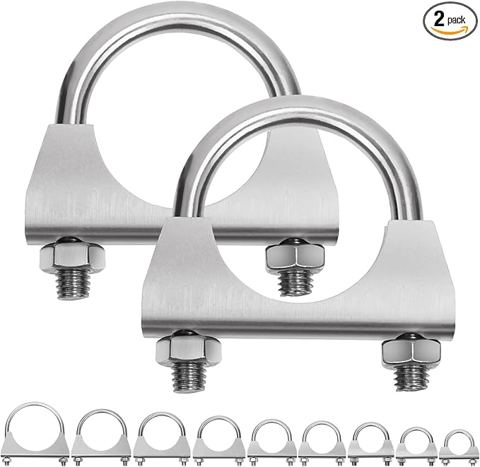 Swpeet 2Pcs 1.5 Inches Exhaust U Clamp Kit, 1-1/2 Inches Stainless Steel Muffler U-Bolt Clamps, Universal Heavy Duty U-Bolt Muffler Clamp Ideal for Tip Pipes Connection