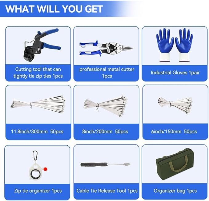 Metal Zip Ties Cutter Stainless Steel Cable Tie Gun Kit Assortment With 150pcs Stainless Steel Zip Ties Heavy Duty Outdoor For Chain Link Fence Parts Exhaust Wrap