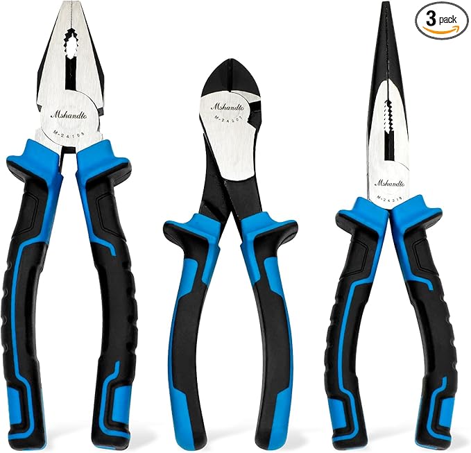 3 Pieces Plier Set, Including 8" Needle Nose Pliers, 8" Linesman Pliers and 7" Diagonal Cutting Pliers, Premium Cr-V Construction for Plumbing, and General Applications Multi-use Tools