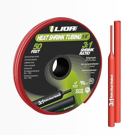 Heat Shrink Tubing 50 Feet Roll, 3:1 Ratio Adhesive Lined Marine Grade Shrink Wrap Tubing,Industrial Heat Shrink Tube Electrical 1/8'' Red