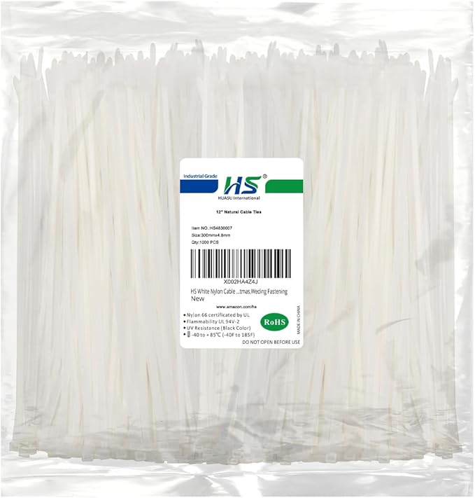 HS White Nylon Cable Ties 12 Inch Zip Ties (1000 Pack) 50 LBS Heavy Duty Clear Zip Ties 12in Plastic Ties Straps for Electrical,Christmas,Weding Fastening