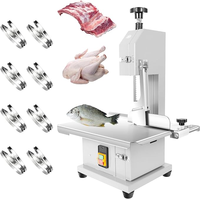 1500W Commercial Bandsaw Machine, 19x14" Stainless Steel Worktable, Cuts 0.04-5.0" Thickness Electric Bone Saw Machine, Frozen Meat Cutter with 8 Blades Included, for Rib Pork Beef