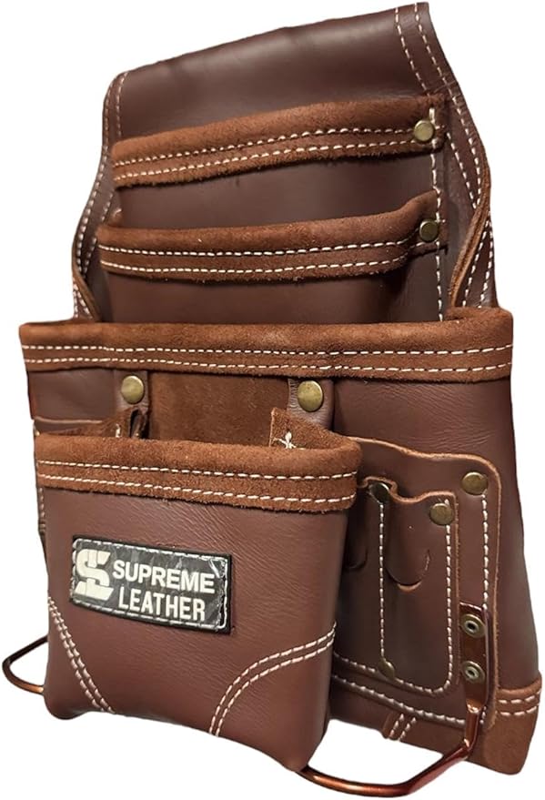 Supreme Leather Tool Pouch for Construction Carpenter Tool Bag Electrician's Pouch | 10 Pockets 2 Stainless Steel Hammer Holders Top Grain Leather Bag