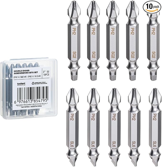 toolant 10pcs Double-Ended Screwdriver Power Bit Set,Mixed Reversible Power Driver Bits,2 Inch Two Sides PH2/SQ2/SL6 Screwdriver Bit Tips With Storage Case