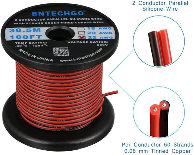 BNTECHGO 22 Gauge Flexible 2 Conductor Parallel Silicone Wire Spool Red Black High Resistant 200 deg C 600V for Single Color LED Strip Extension Cable Cord,Model,100ft Stranded Tinned Copper Wire