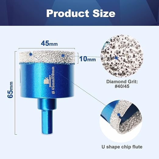 Dry Diamond Core Drill Bit Set,BRSCHNITT 1 4/5 Inch (45mm) Diamond Hole Saw Core Drill Bit with Triangle Shank for Porcelain Tile Ceramic Stone Granite Marble