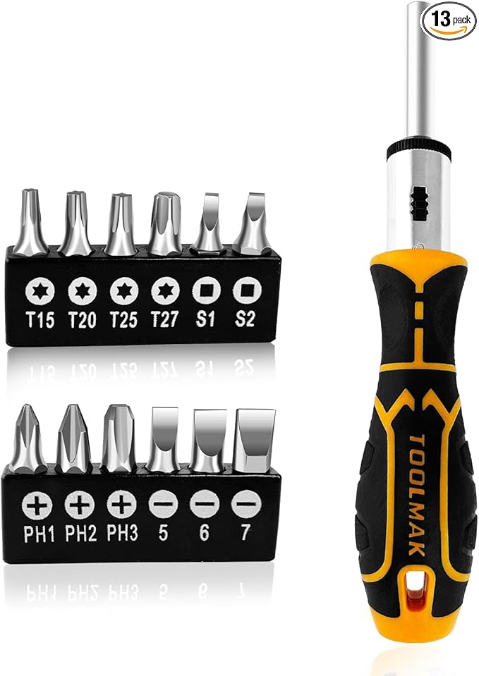 13-in-1 Ratcheting Screwdriver Set, Adjustable Multi-bit with Magnetic Tips (Flat, Phillips, Torx, Hex, Square, Nut Drivers), Cushion Grip Handle