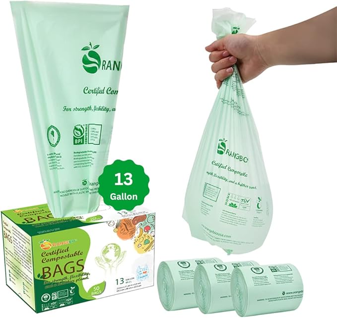 100% Home Compostable Trash Bags 13 Gallon Tall Kitchen, 50 Count, 0.9 Mil, Kitchen Compost Bags, Large Compostable Bags US BPI ASTM D6400 and OK Compost Home Certified